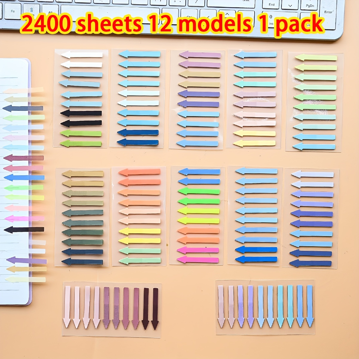 2400 Sheets, 12 Styles In 1 Pack, Gradient Color Arrow Index Tabs, Suitable For Student Notes, Highlighting, And Sticky Notes For Back-to-school