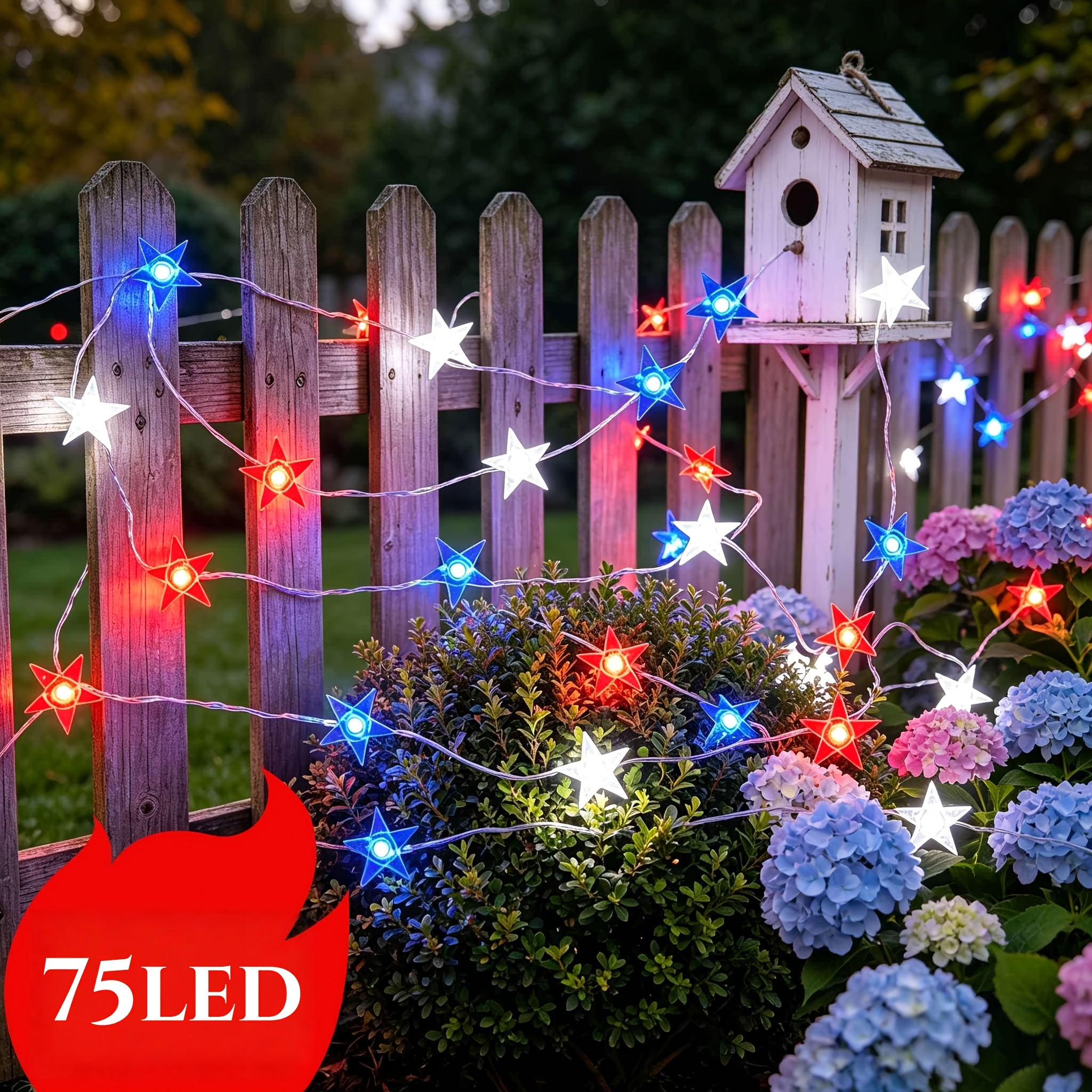 TEMU 75led Solar-powered Red, White, And -shaped Hanging String Lights, Individual Led Fairy Lights, 8 Flashing , , Patriotic Theme Decoration,