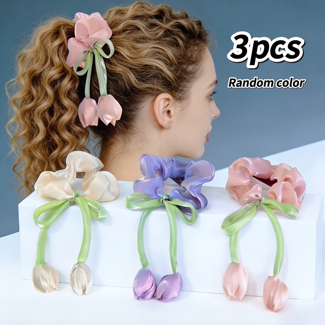 TEMU 3 piezas de ligas para el pelo con colgante de floral en suaves y colores aleatorios, accesorios de pelo versátiles para el diario