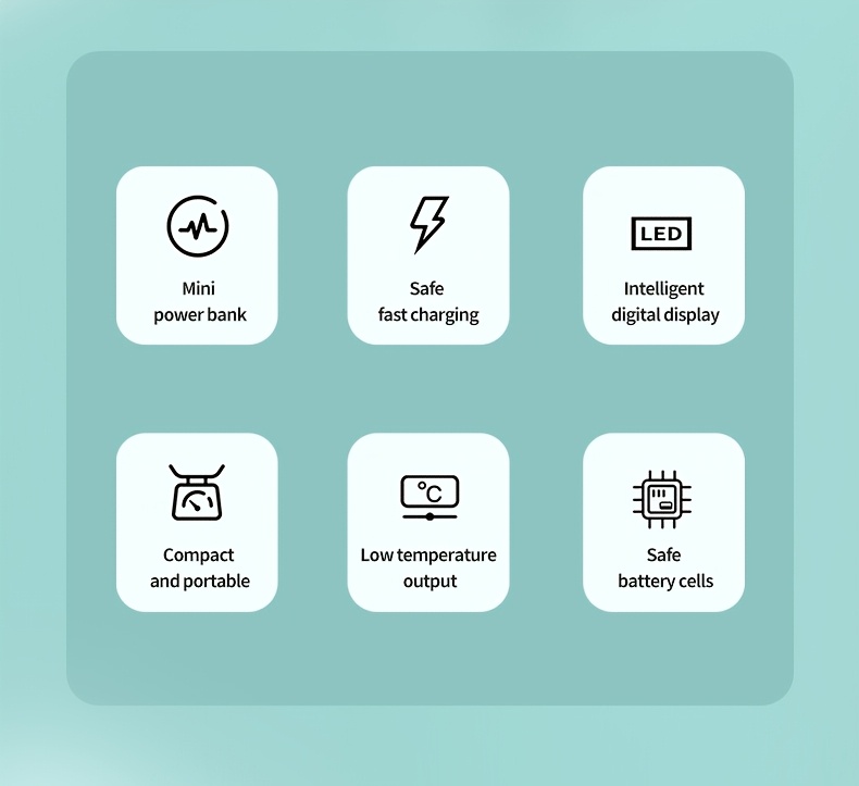 迷你便携充电宝5000毫安，带led电量显示，体积小巧容量大，22.5w超级快充，内置type-c接口，轻便易携，适用于三星/小米/ 等手机，应急备用电源, 旅行充电器,轻量化充电器,时尚移动电源,可靠的移动电源,usb-c 充电器,户外爱好者,科技爱好者 商品详情 2