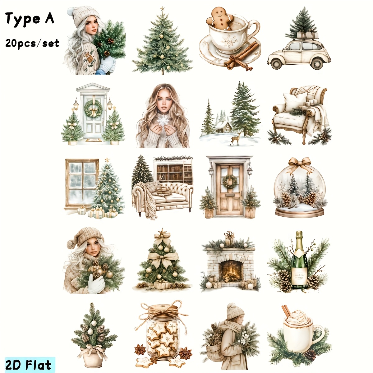 20pcs/set Handmade Creative Retro Winter Plant Cedar Decoration Series 2d Flat Stickers Suitable For Garbage Diary, Notebook, Decoration, Manual Account Cutting Book Stickers