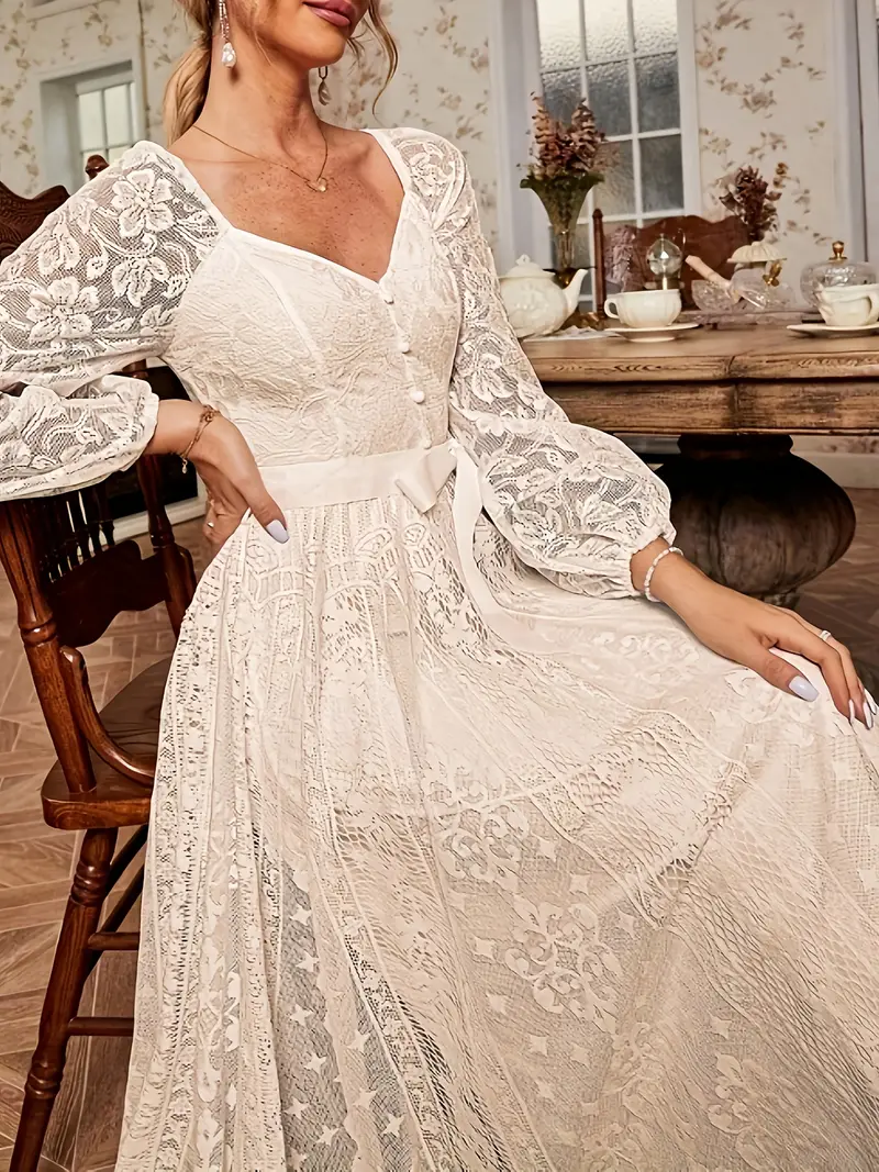 Wedding Guest Dress Women'S New Elegant Retro Lace Fan-Shaped Large Swing Long-Sleeved Dress Wedding Guest Dress Women'S New Elegant Retro Lace Fan-Shaped Large Swing Long-Sleeved Dress