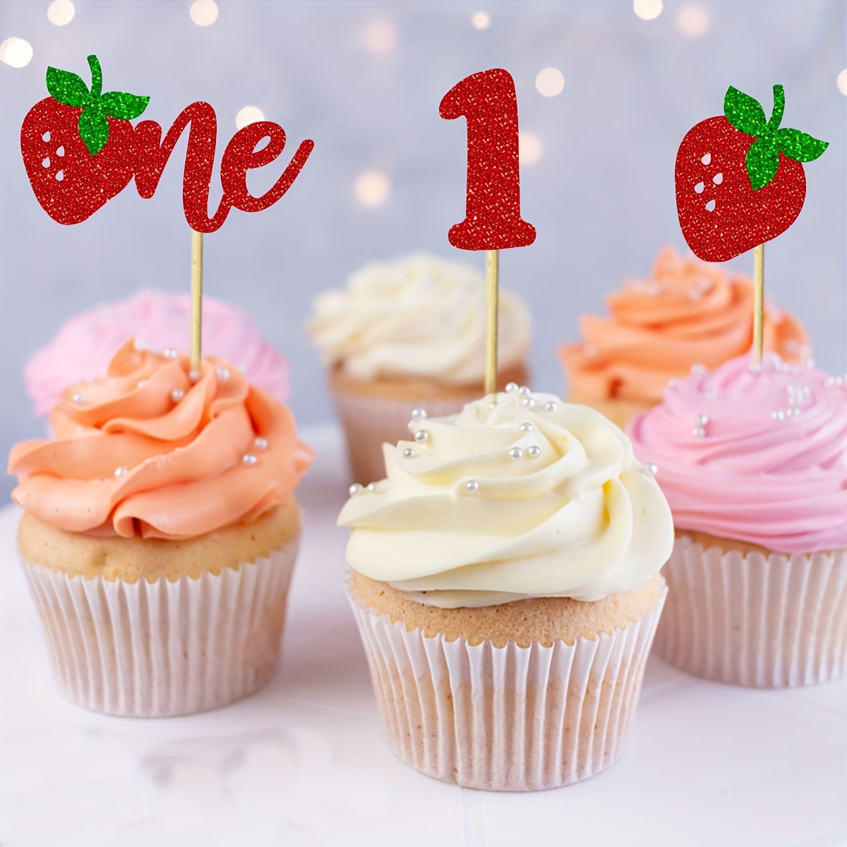 

24pcs Strawberry 1 Cupcake Toppers Glitter Strawberry 1 First Birthday Strawberry Cupcake Picks For Fruit Theme Baby Shower Kids 1st Birthday Anniversary Party Cake Decorations Supplies