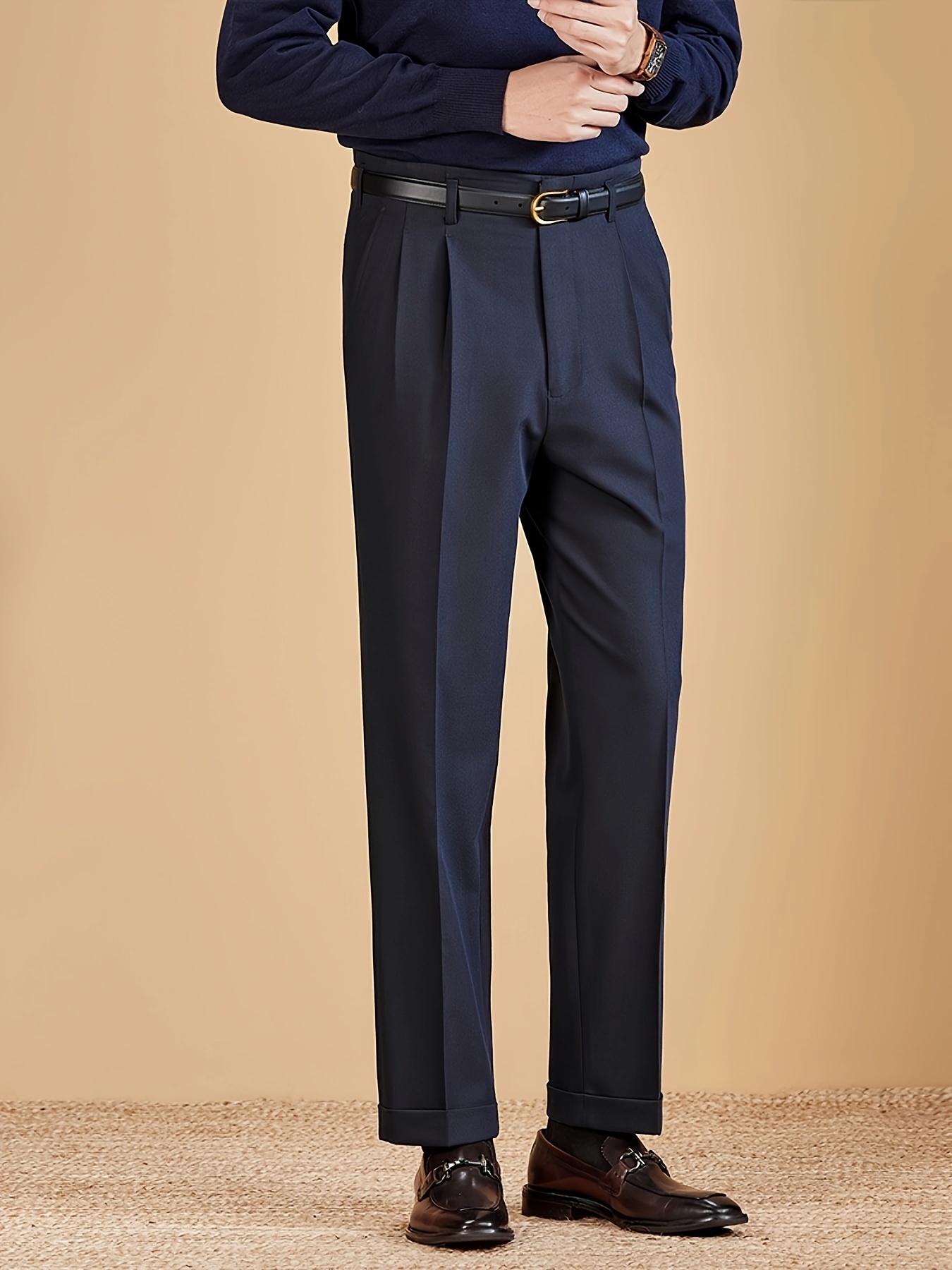 Straight Hollywood Trousers for Men - Business Casual Anti-Wrinkle No-Iron Stretch Suit Trousers - Long Pants with Elastic Waistband and Belt Loops