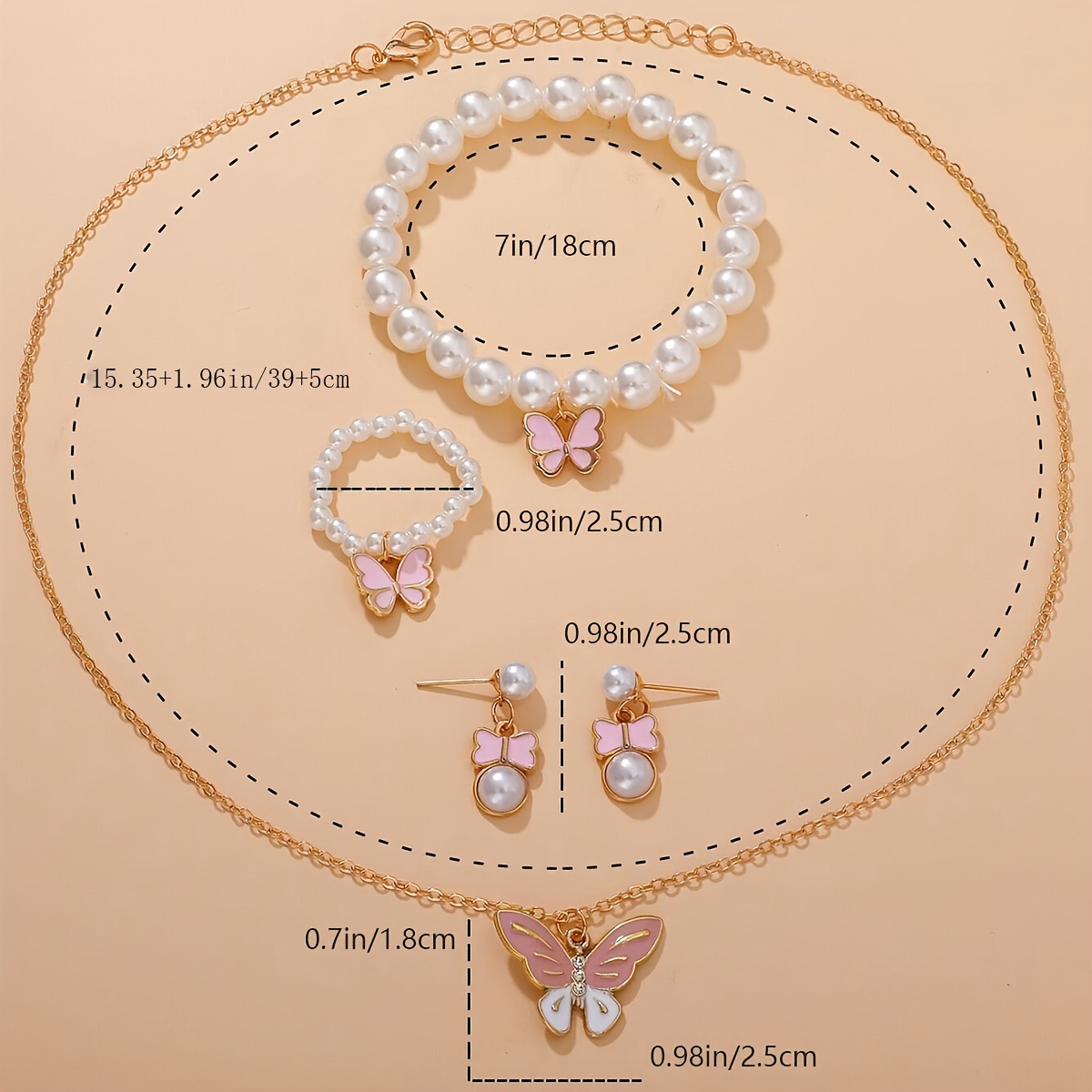 1set Cute Pearl Butterfly Trendy Necklace Earrings Pearl Bracelet Ring Set For Girls