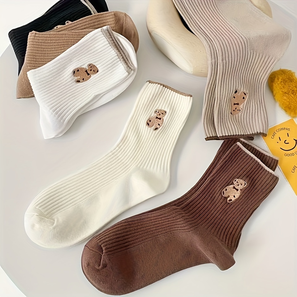 

5pcs Cute Teddy Bear Embroidered Socks For Women And Men - Soft Ribbed Knit, Assorted Colors,