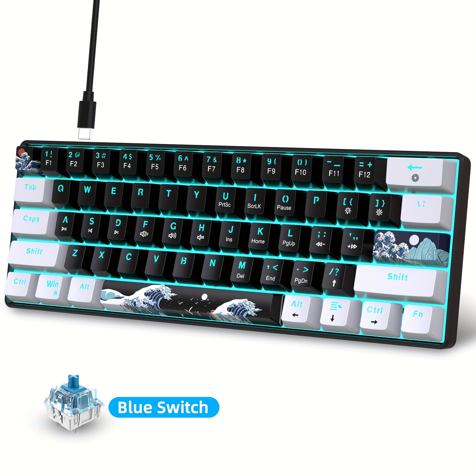 

Hxsj 60% Mechanical Gaming Keyboard With Blue Switches, Ergonomic, Water-resistant, Backlit, Usb-a Connectivity, Includes Usb Cable And Keycap Puller - Compact Design For Gamers