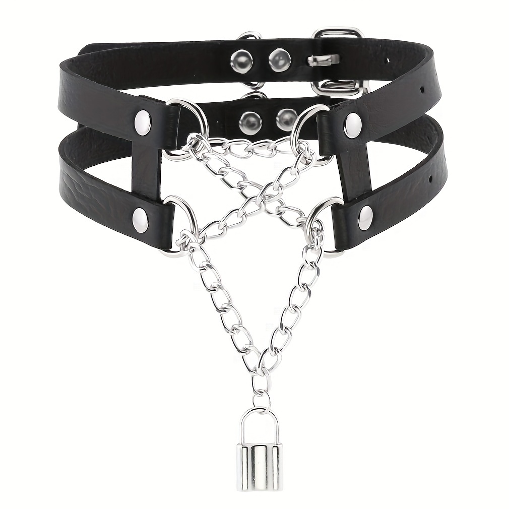 Image of Hip-hop Punk Choker Small Lock Pendant Necklace Faux Leather Chain Collar Gothic Snap Neck Chain Y2k Fashion Clavicle Necklace