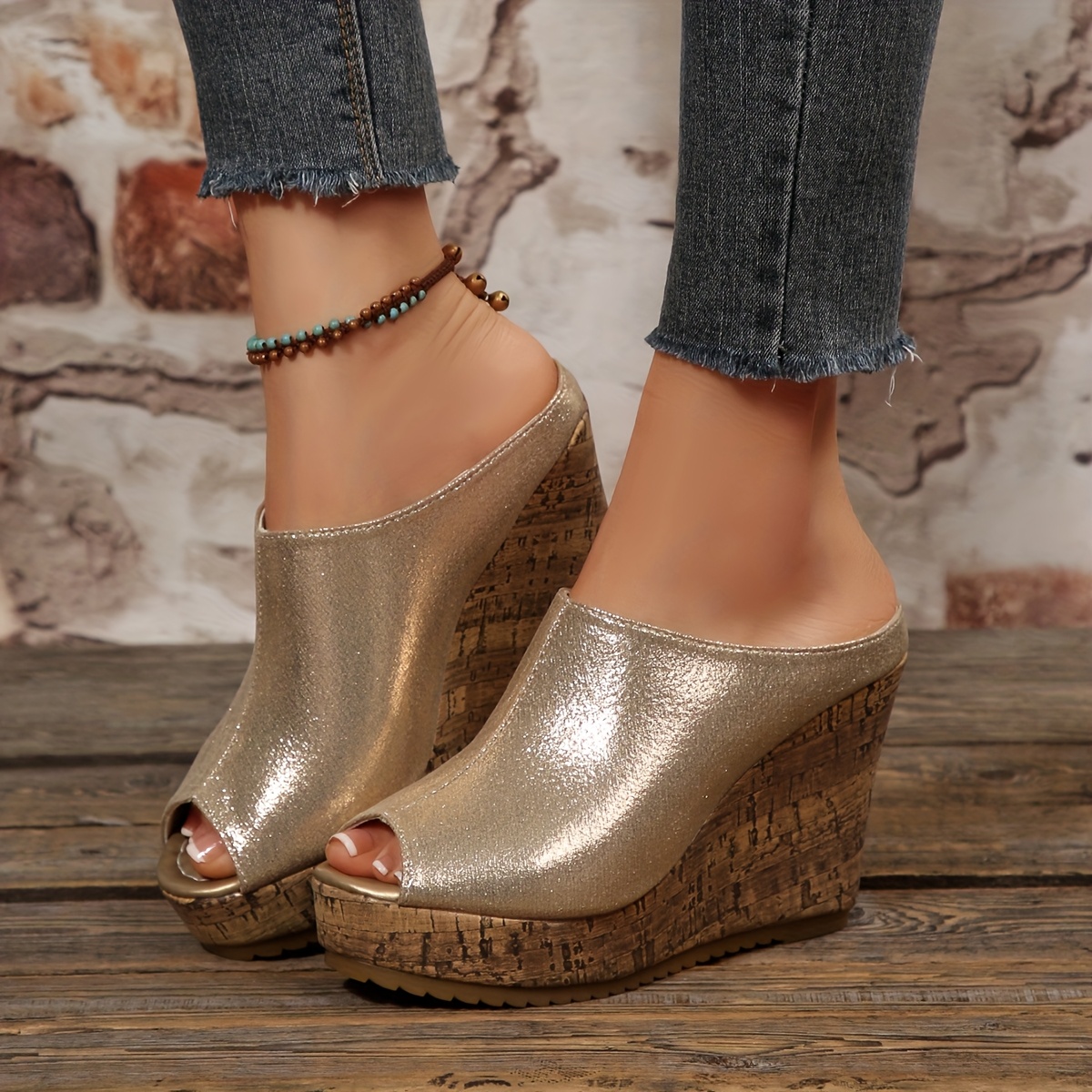 TEMU Sandalias de mujer con de dorada, sandalias de tacón con envoltura trasera y de , sandalias de plataforma de calidad que aumentan la estatura,