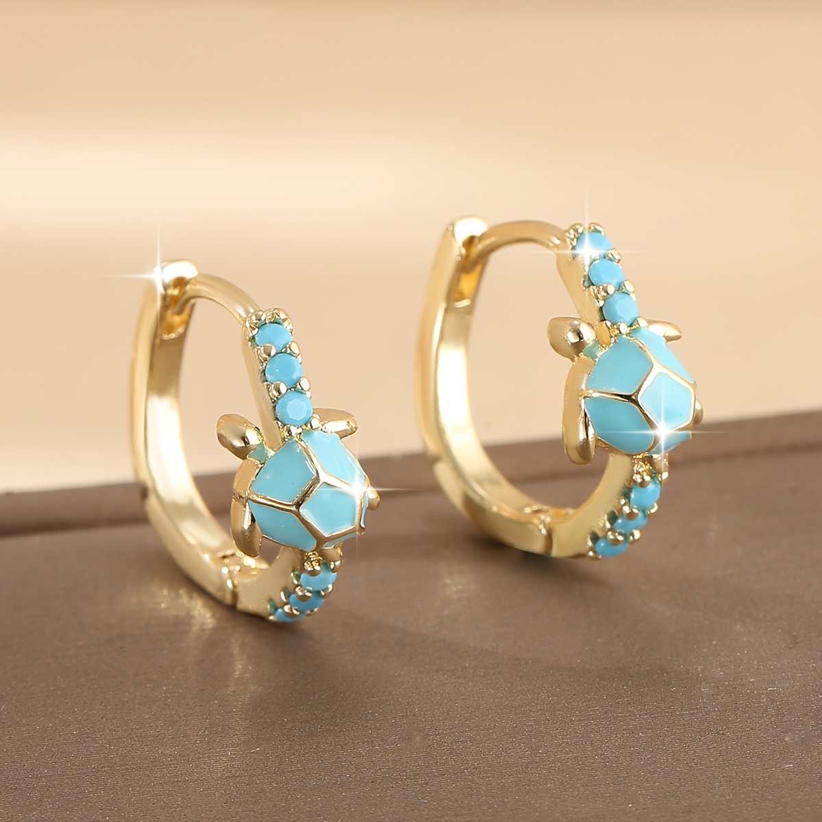 Image of 1 Pair Of Luxurious Copper-inlaid Synthetic Turquoise Turtle Round Hoop Earrings, Vintage Cute Animal Women's Earrings, Birthday Gift