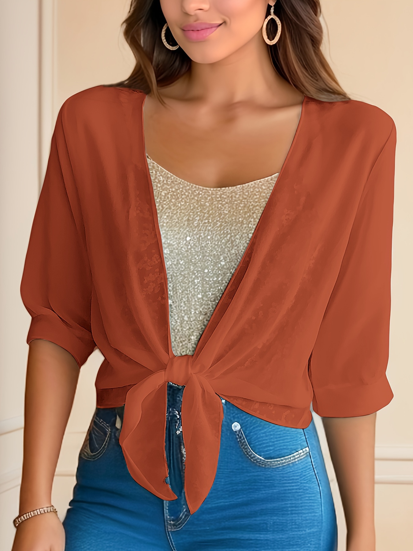 Women'S V-Neck Polyester Cardigan - Solid Color Half Sleeve Short Length with Lace-Up Detail, Non-Stretch Woven Fabric, Spring/Summer Lightweight Chiffon Sun-Protective Clothing