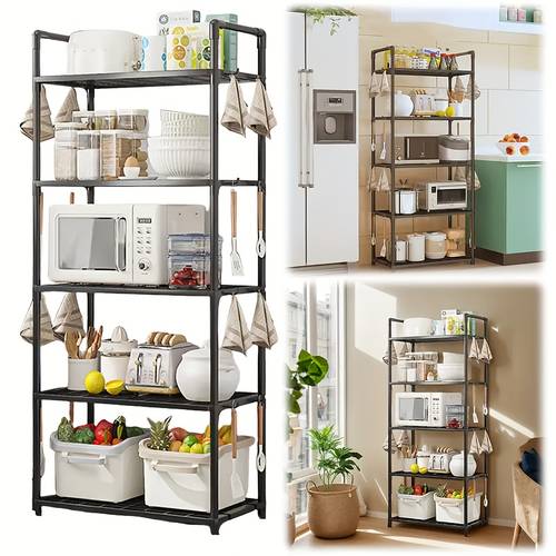 5 tier adjustable heavy duty storage rack with 16 hooks freestanding multi purpose organizer easy to for homes garages bedrooms kitchens and offices essentials snack storage upright shelving unit