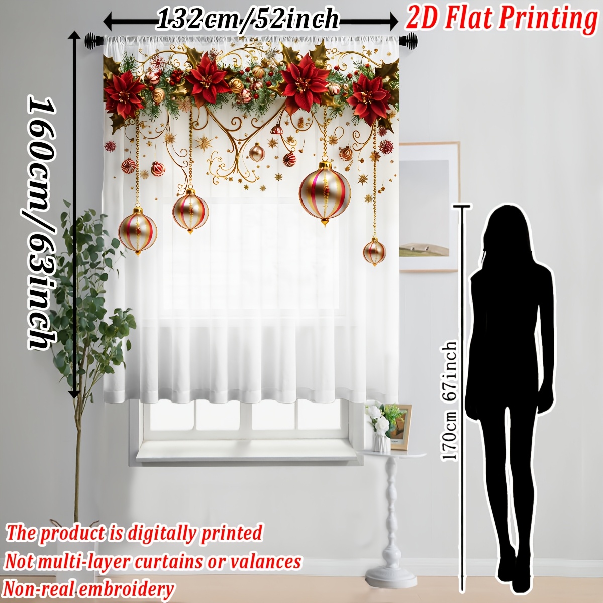TEMU 2D Piatto, [Stampa 2D Piatto] Confezione da 1, Stampata Natalizia con Tulle , con Motivo di Ornamenti Natalizi, Dorati, Poinsettie, Rami di Pino
