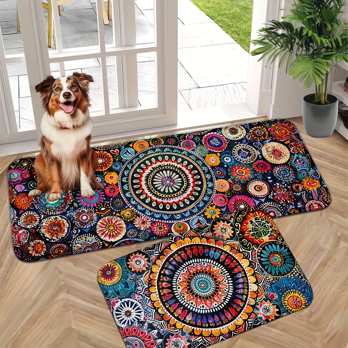 

Tapis de porte de style bohème : Vintage, antidérapant, lavable en machine, tapis décoratif d'extérieur pour patio, camping en VR et balcon