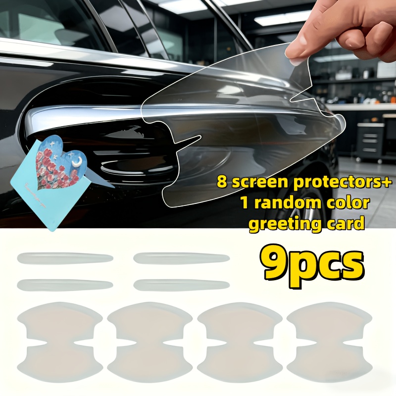TEMU 9pcs Autocollants de protection transparents pour garniture de porte de voiture, comprenant une carte de vœux de couleur aléatoire, un ensemble
