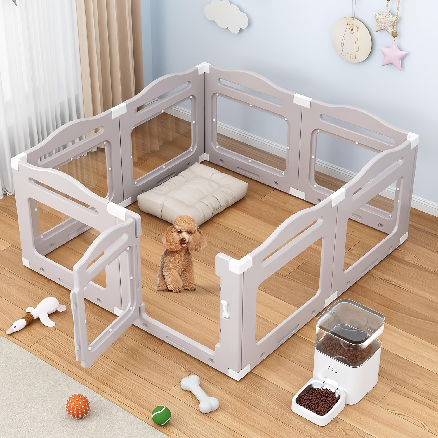 TEMU Compact Pet Barrier, Canine Enclosure, 60 Cm Tall, Collapsible, With Suction Pads And Ground Stakes, Features A Door, Ideal For Home And