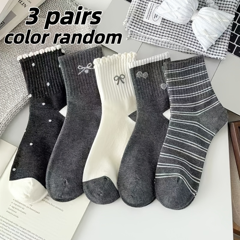 TEMU 3/5pairs Striped Crew Socks For Women, Autumn Winter Gray Korean Academy Style Mid Calf Socks, Cute Polka Dot Casual Sports Socks, Fall Fashion