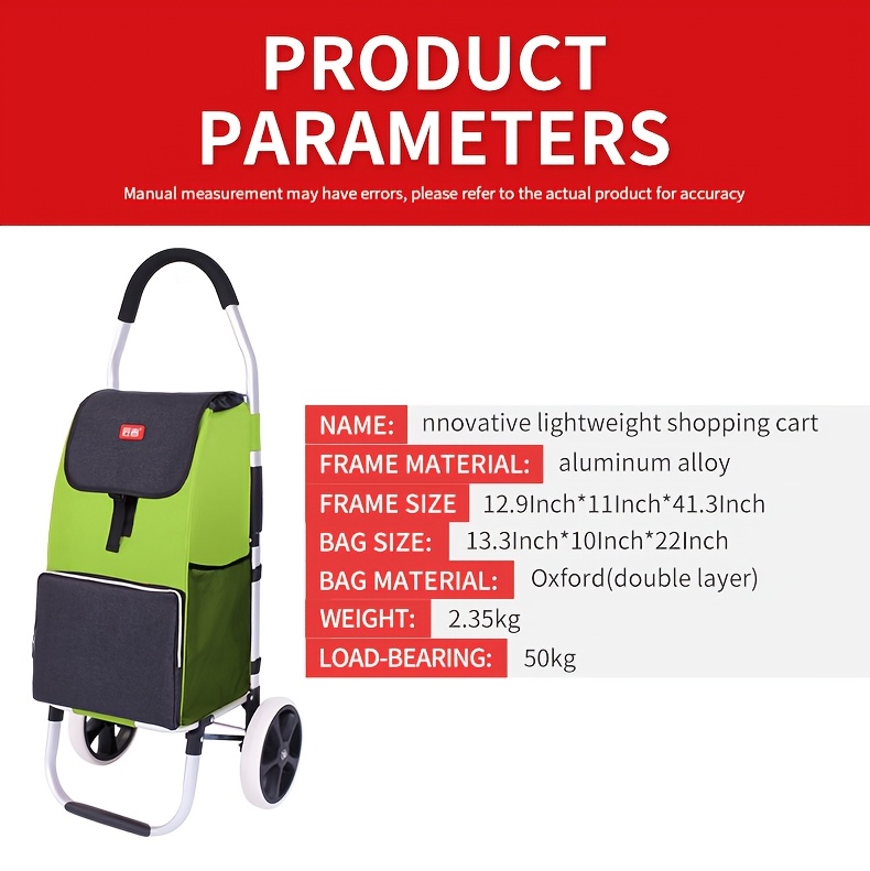 [Foldable | Aluminum Alloy] 1pc Foldable Shopping Cart | Large Wheels, Aluminum Alloy Frame, Quiet Trolley, Portable Grocery Cart | Above 10L Capacity, Elderly Aid, 50kg Load-Bearing Capacity