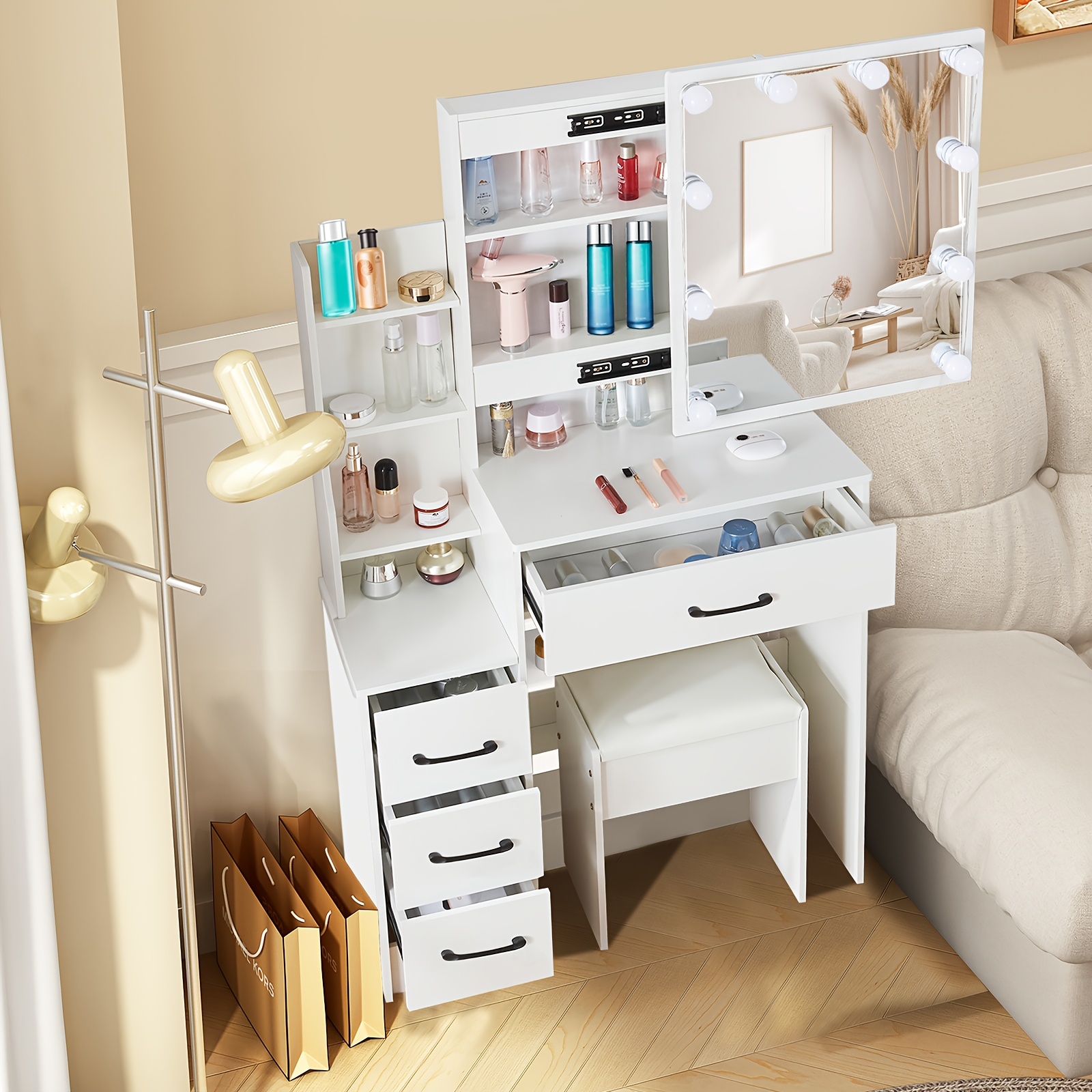 Image of Vanity Desk With Mirror And Lights, Makeup Vanity Table With Storage Shelves And 4 Drawers, Bedroom Dressing Table, 10 Led Lights, 3 Color & Adjustable Brightness, White