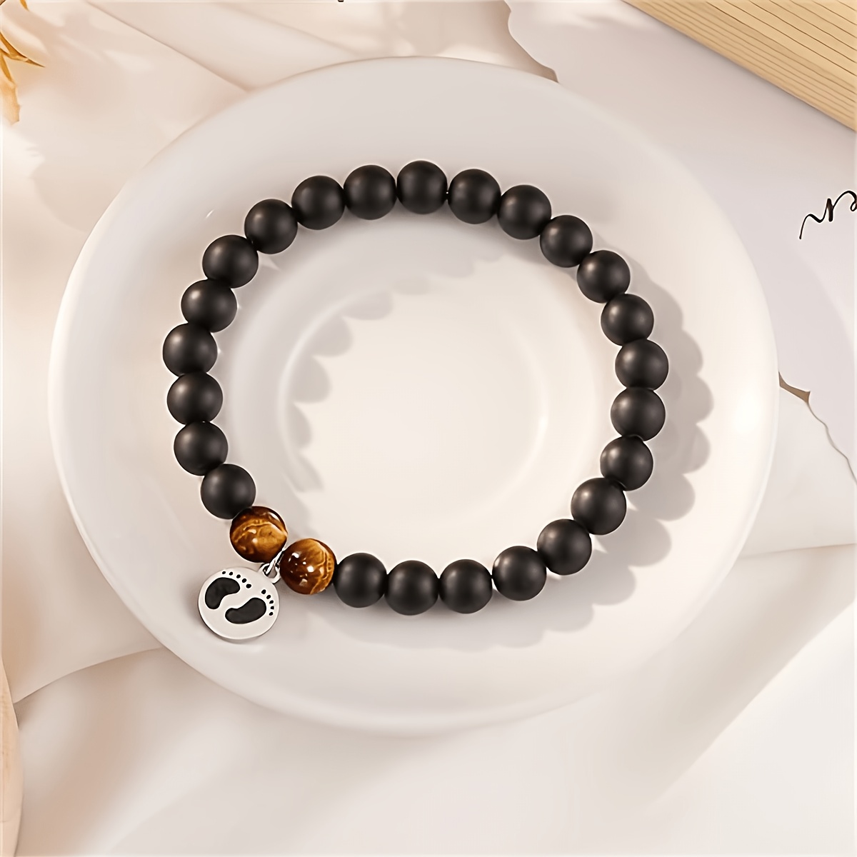 TEMU 8mm Adjustable Elastic Black Beaded Bracelet With Footprint Charm & Round Tag Pendant - Vintage Resin New Dad Gift For Father's Day, Birthday,