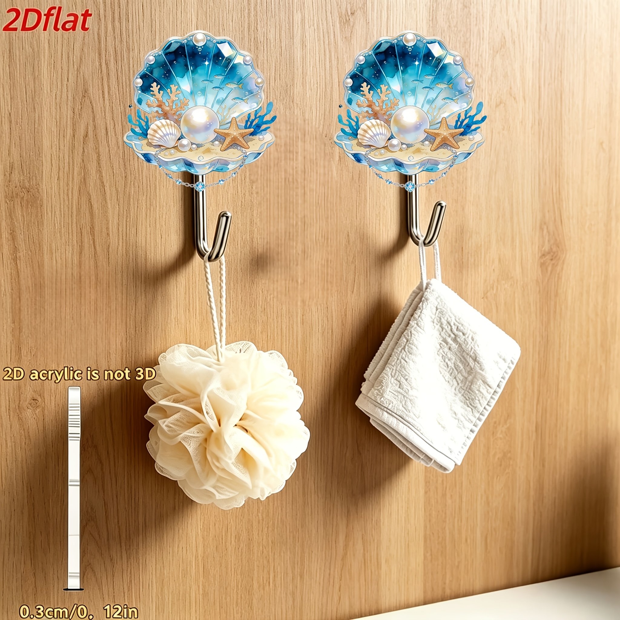 TEMU 2dflat-2pcs Shell Cartoon Pattern Auxiliary Hooks - Easy And Elegant - No Drilling, Trace-free Door And Bathroom Hooks, , Fashionable Design For
