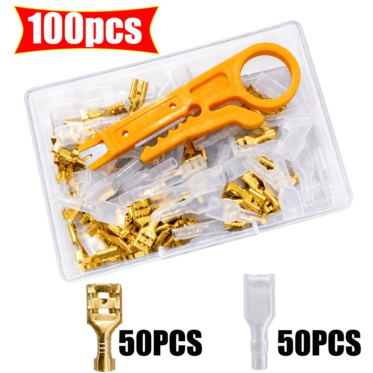 TEMU Jeu de 100 cosses femelles à sertir de avec gaines isolantes transparentes, 6,3 mm, plage de câblage 0,75-1,5 mm², connecteurs de câble femelles
