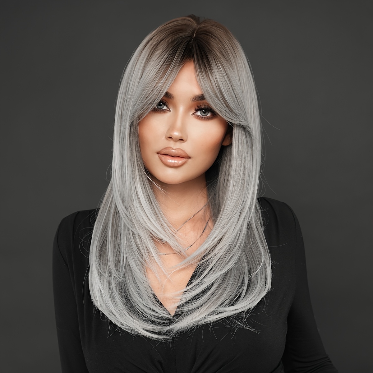 

1pc 7jhh Wigs Women's Long Straight Ombre Grey Wig With , Middle Part, High Layered, 150% Density, Heat Resistant Synthetic Hair, , Cap, 25.19 Inches