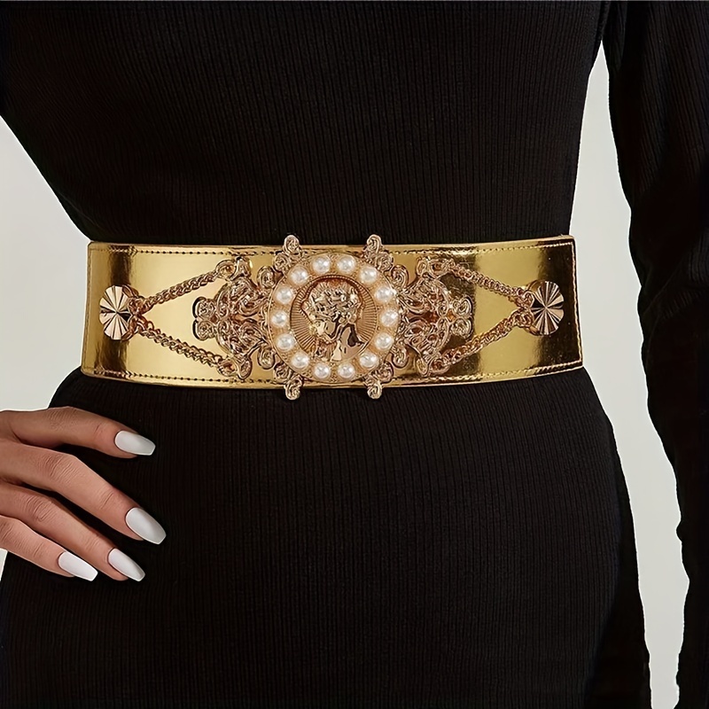 Women's Metal Fashion Golden Wide Waistband Elastic PU Leather Belt