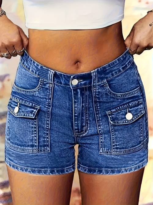 1pc womens stretch denim shorts with multiple cargo pockets built in zipper washable casual athletic shorts for spring summer solid color regular fit elegant design gym shorts casual attire durable fabric spring fashion midstretch material fitness enthusiasts