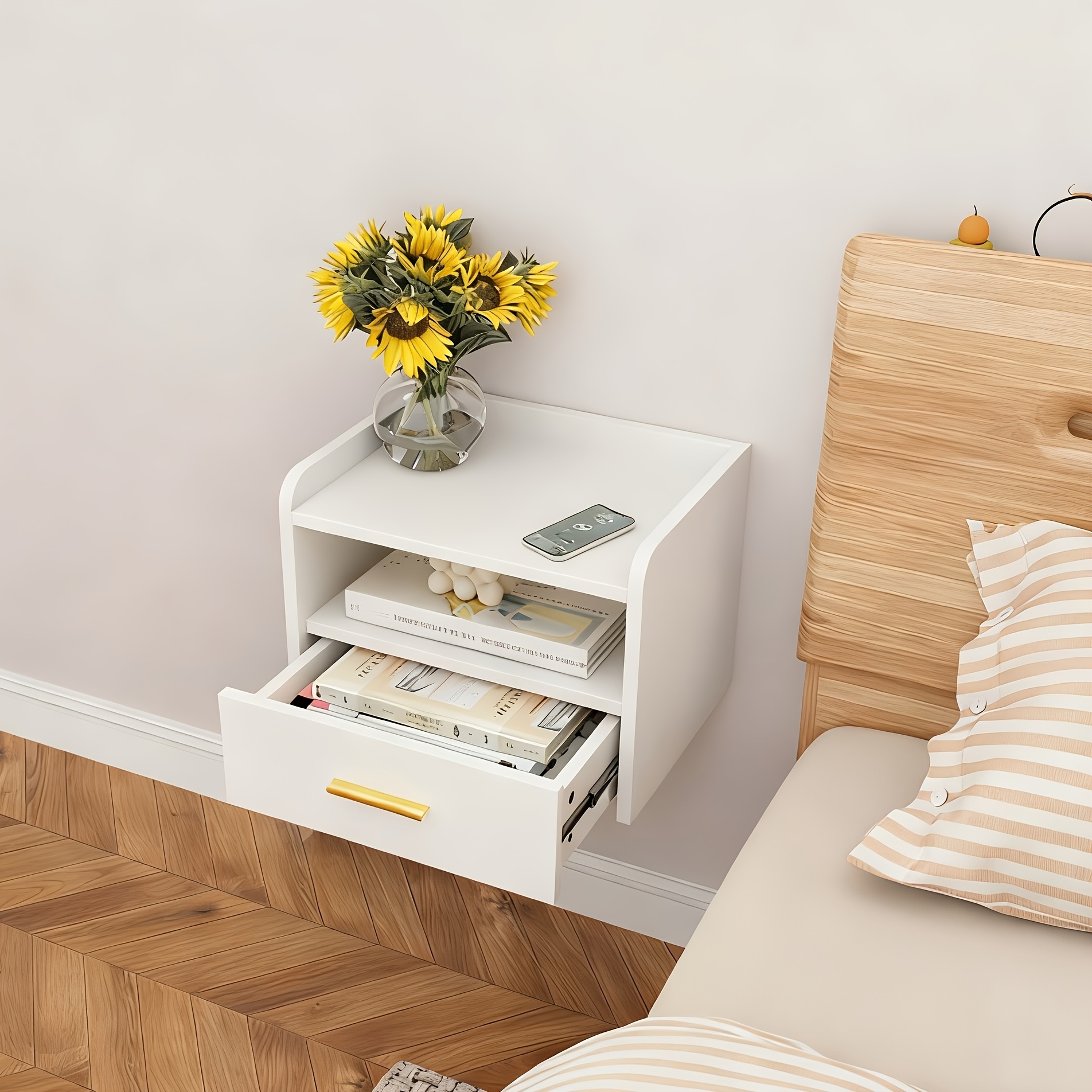 Image of A Wall-mounted Side Cabinet, A Bedside Table Featuring An Open Shelf, And A Compact Side Table With A Drawer, Perfect For A Bedroom Or Living Room, Measuring 40x30x30cm In White, Great For Spaces