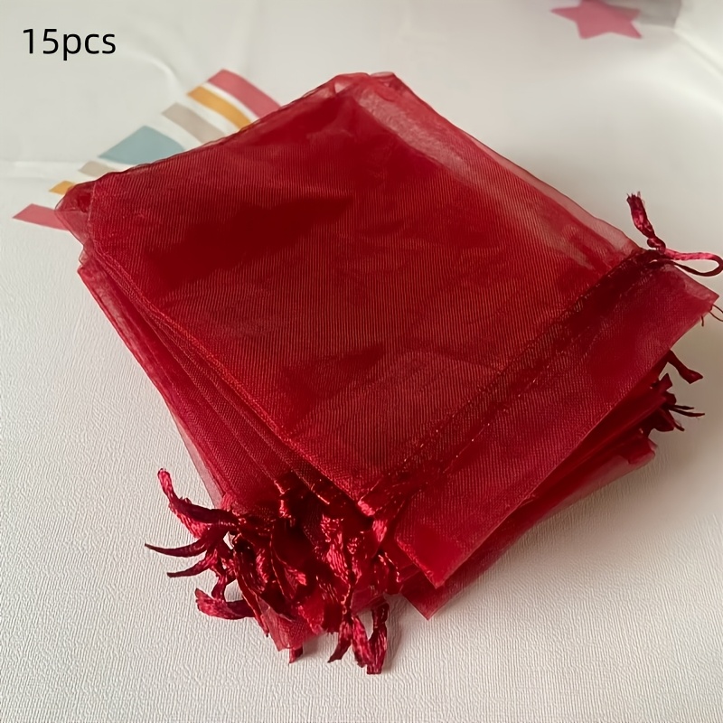 TEMU 15pcs/30pcs/40pcs Wine Red Organza Drawstring Bags - Versatile Gift Pouches For Jewelry, Makeup And Party Favors - Durable, Best For Christmas