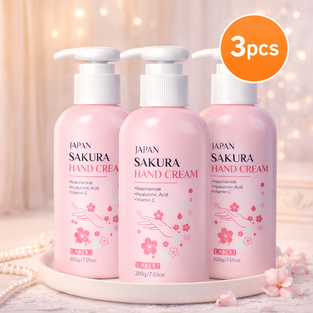 3 Packs Laikou Sakura Hand Cream 200g | Deep Hydration, Vitamin C, Niacinamide, Gentle Formula, Soften & Skin