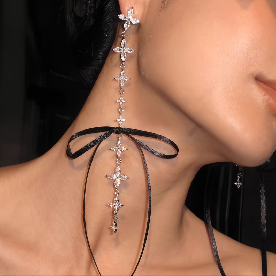 Asymmetrical Ribbon Bow Tassel Statement Stud Earrings
