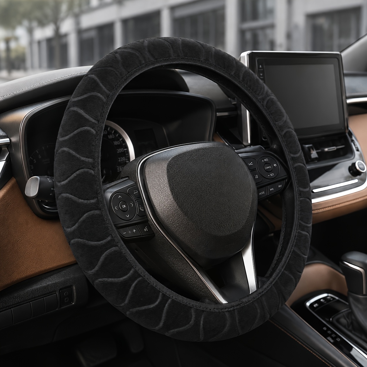 TEMU Winterwarme stuurbekleding met korte pool, autostuurwielbeschermer, winterauto-accessoires, antislip stuurhoes, universele stuurhoes voor 14-15
