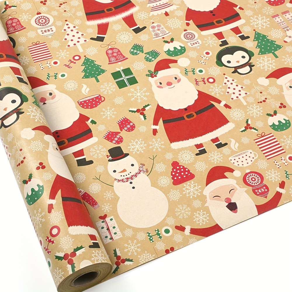 

Santa & Reindeer Kraft Gift Wrap Paper Roll, Themed Wrapping Paper, 17" X 118" For Christmas, Birthdays & Holiday Presents