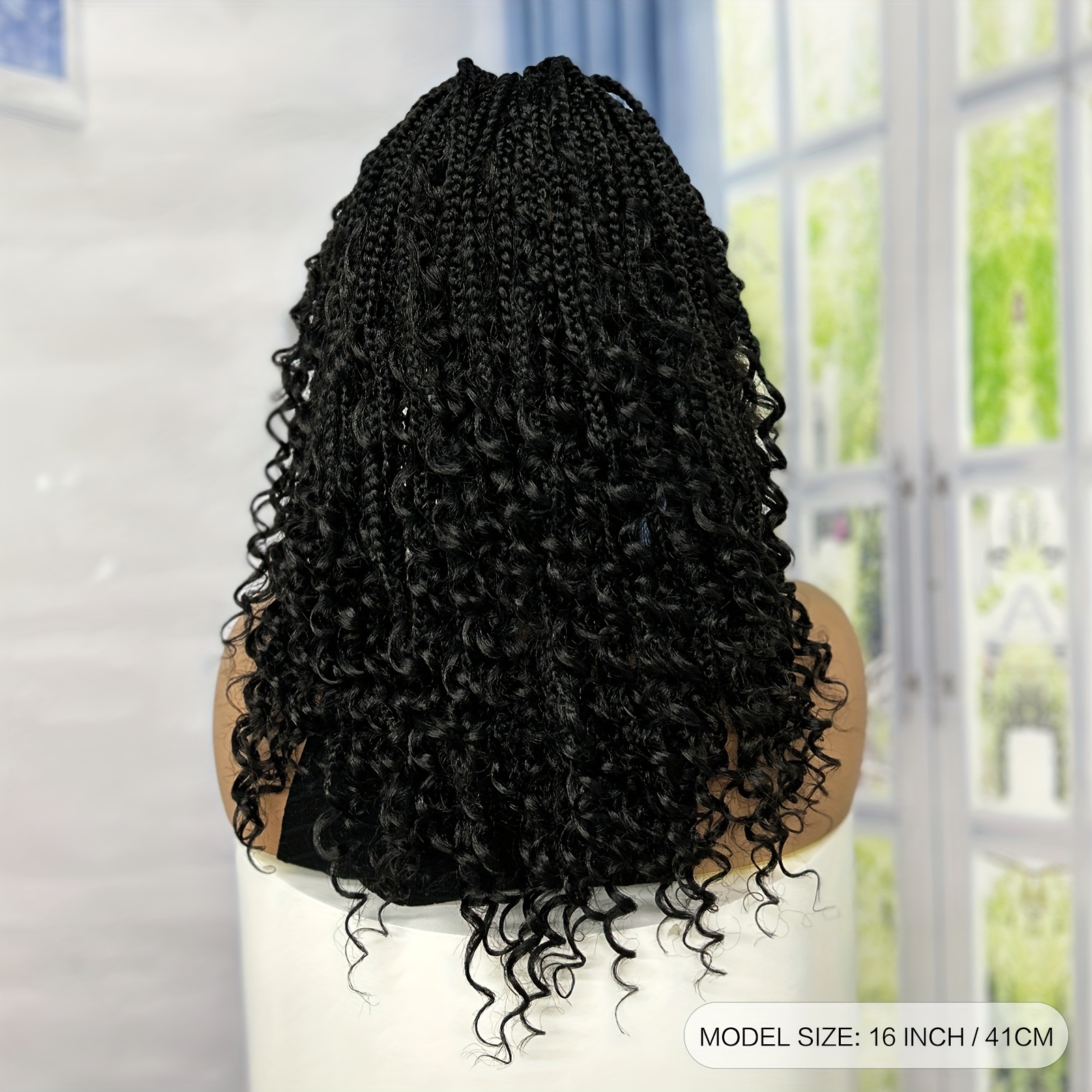 TEMU Full Lace Front Knotless Boho Box Braid Wig - 16" Curly Synthetic Hair For, Heat Resistant Unisex Bohemian Braided Wig For Cosplay & , Sleek