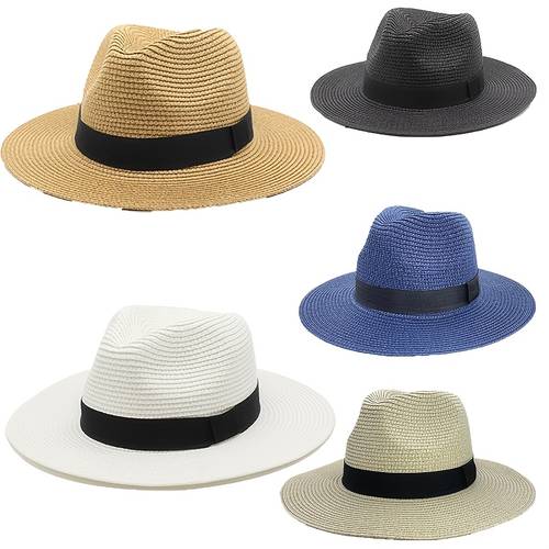 2pcs white straw panama hat for men and women wide brim fedora with black ribbon band beach wedding and summer casual
