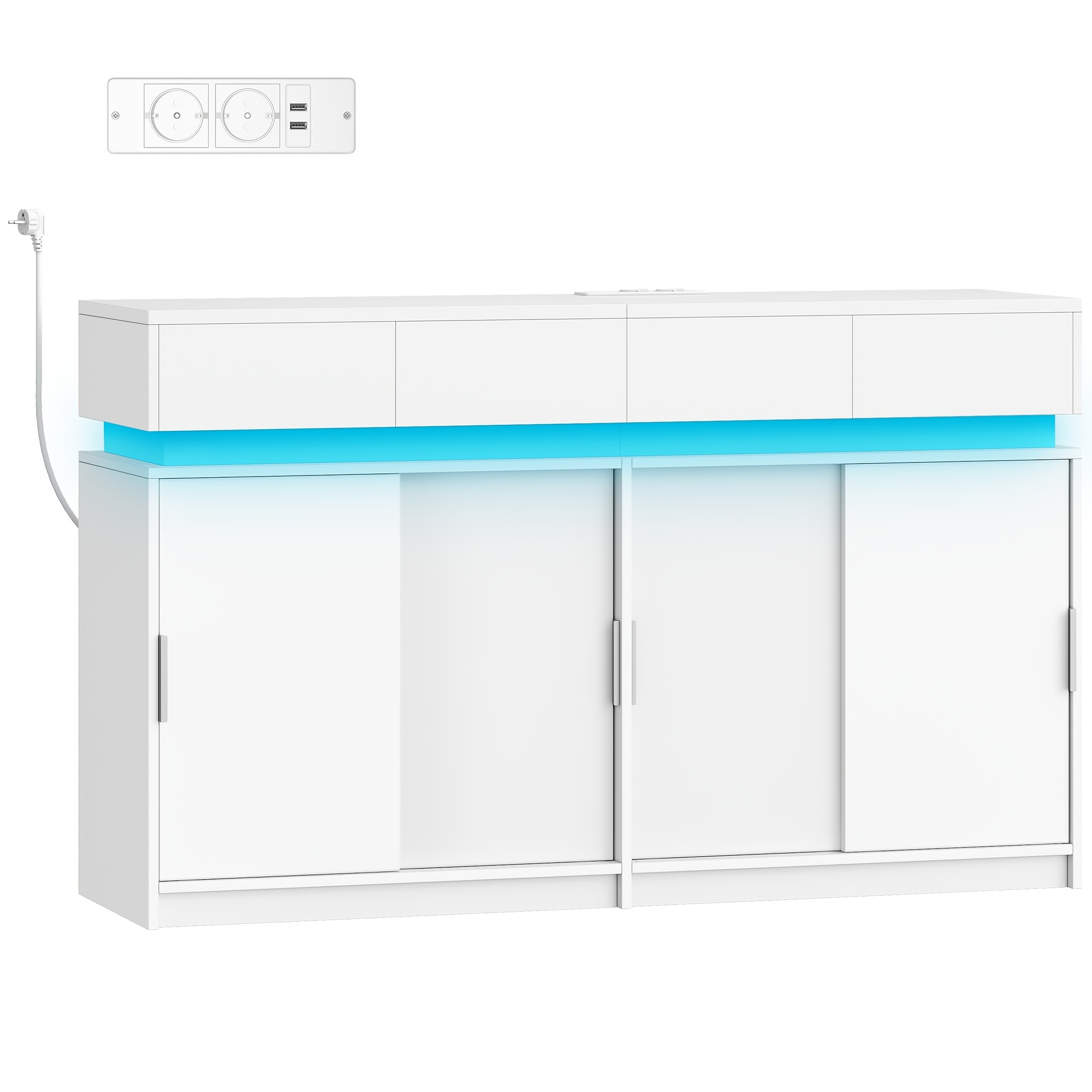 Kitchen Cabinet With 4 Drawers, Sideboard With 4 Sliding Doors, Storage Cabinet With Power Strip And Led Strip Lighting, Adjustable Shelves, , Kitchen, Room, 40 X 140 X 85cm, White
