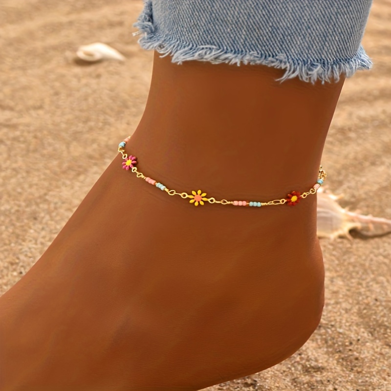 TEMU Bohemian Style Flower Charm Anklet 1pc, Colorful Daisy Alloy Chain, Vintage No Plating Foot Jewelry For Beach Vacation, Suitable, Valentine's Day Gift