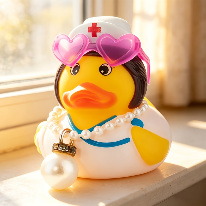 1pc nurse duck car ornament with nurse hat heart glasses necklace non slip adjustable dashboard rearview mirror decoration perfect christmas nurses day gift for car motorcycle interior