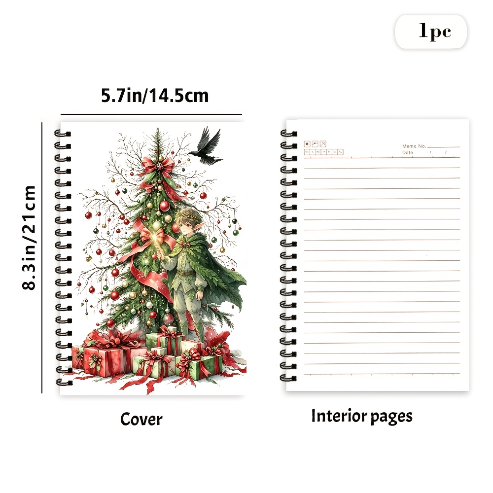 TEMU Christmas Elf And Decorated Tree Watercolor Spiral Notebook, 60 Pages/, 1pc A5 Journal For Holiday Lists, Study Notes, And Imaginative Writing