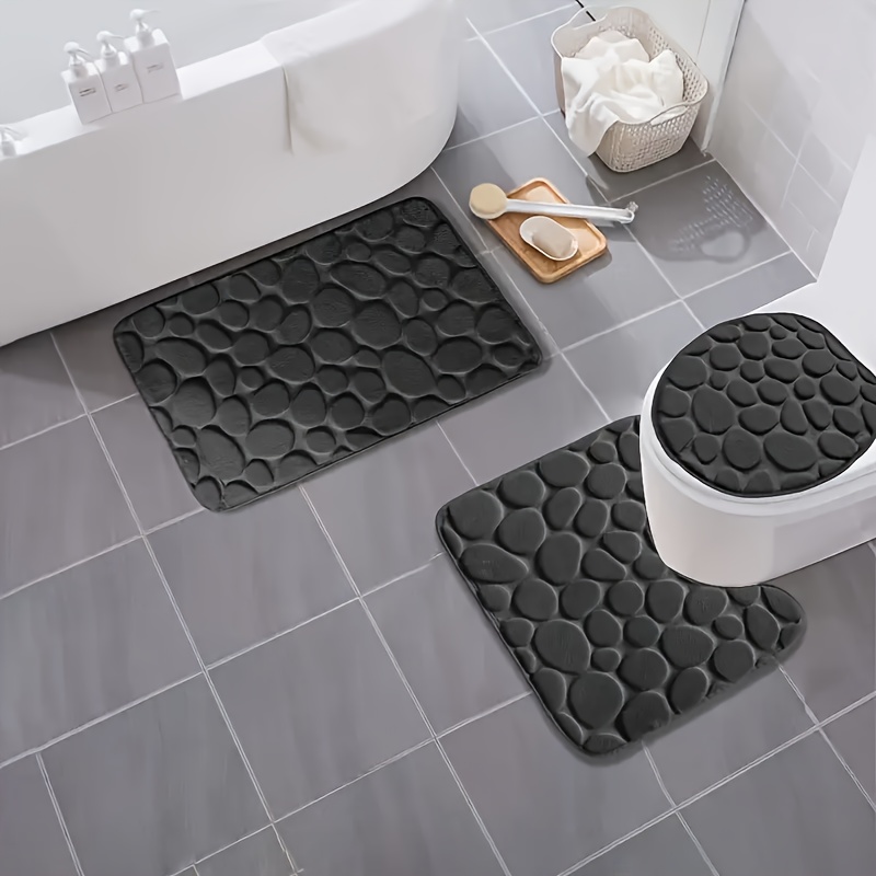 TEMU 3pcs Bath Mat Set, Pebbled Embossed, Soft Absorbent Sponge, Pattern, , , Rectangular & , 300g/㎡, 1.5cm Thick, Polyester , Polyester Backing, For Bathroom Use