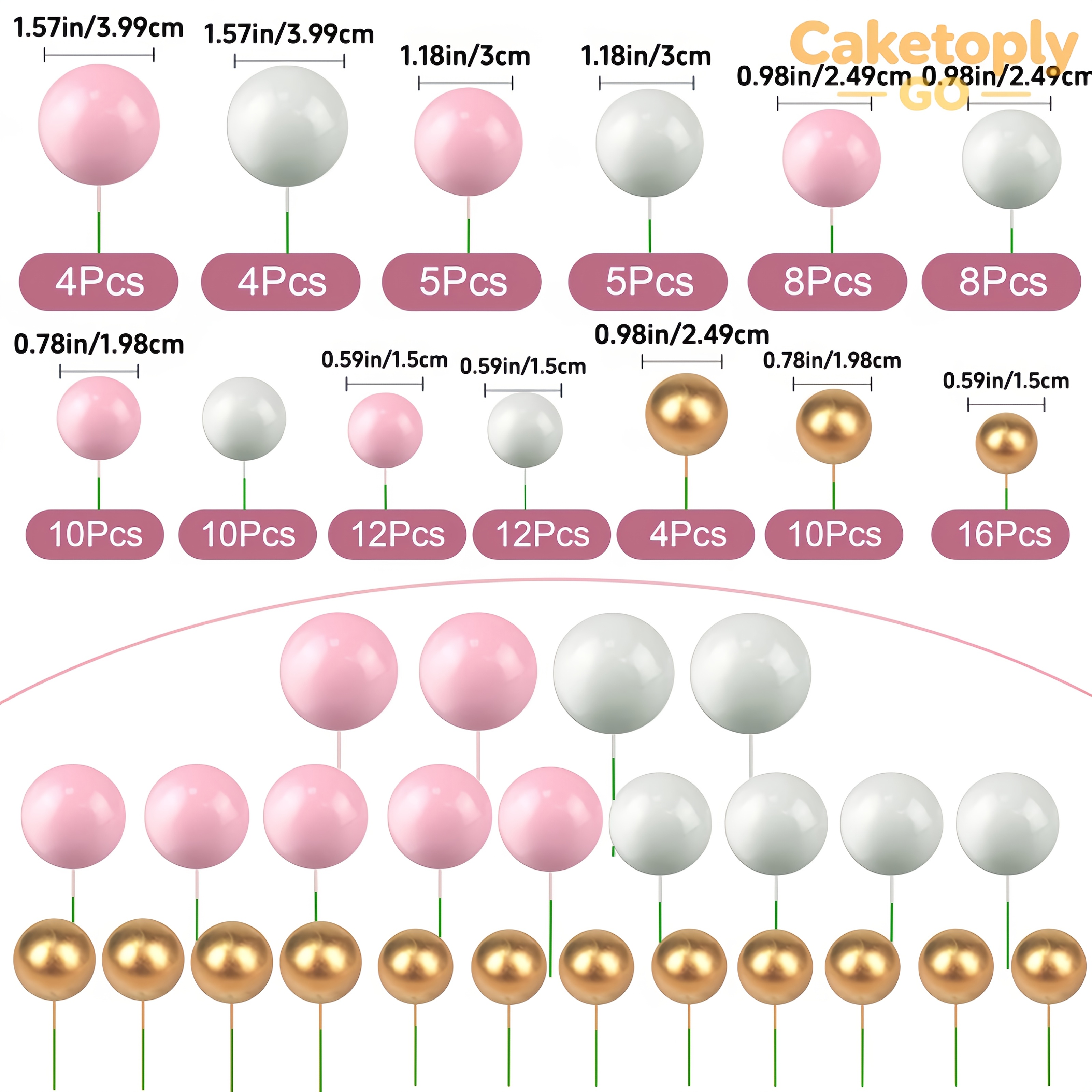 TEMU Caketoply Go 108pcs Pink Series Ball Cake Decorations, Balloon Cupcake Toppers, Foam Cake Balls In Pink, White And Golden Combination, Birthday