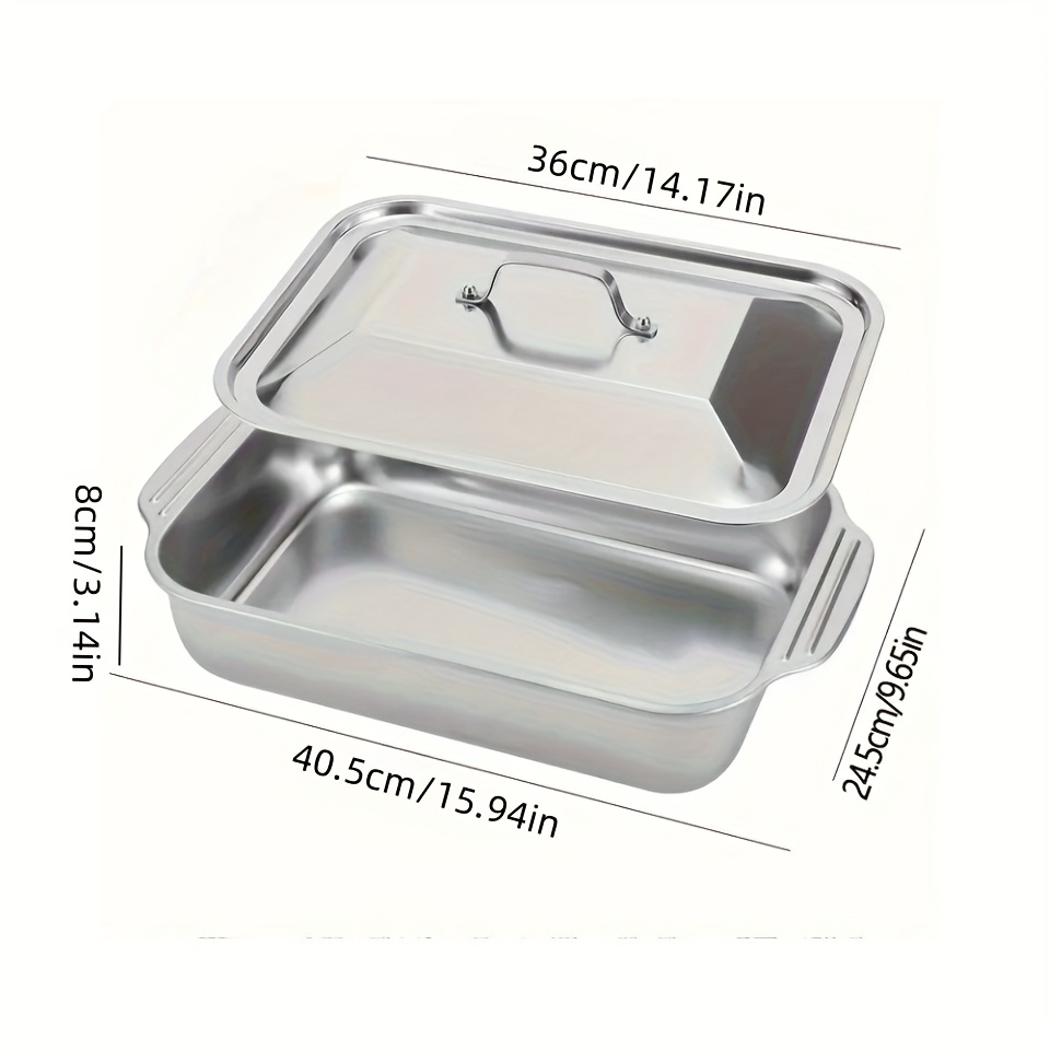1/2/3 Premium Deepened Stainless Steel Flat Bottom Deep Roasting Pan With Lid, 15.94.x9.65 Inches - Great For Baking And Cooking, Durable Rectangular Pan For Home Kitchen Essentials