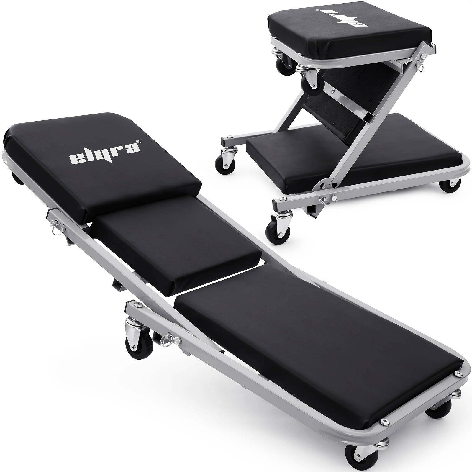 Assembled Rolling Workbench And Reclining Chair, Workshop Rolling Stool, 3 Adjustment Options, Padded Seat, 6 360° Swivel Casters, Suitable for Auto Repair, Tire Changes, And Workshop Tasks