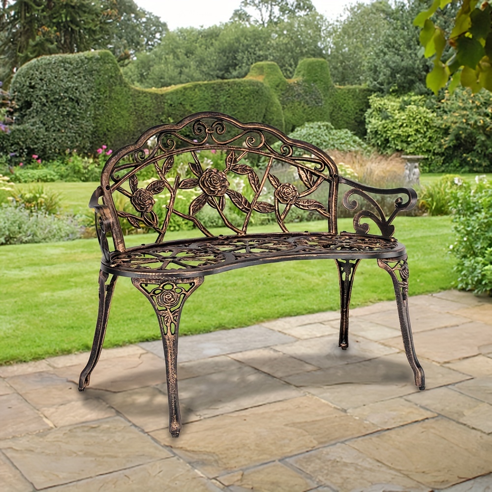 

Outdoor Cast Aluminum Patio Bench, Porch Bench Chair With Curved Legs Rose Pattern