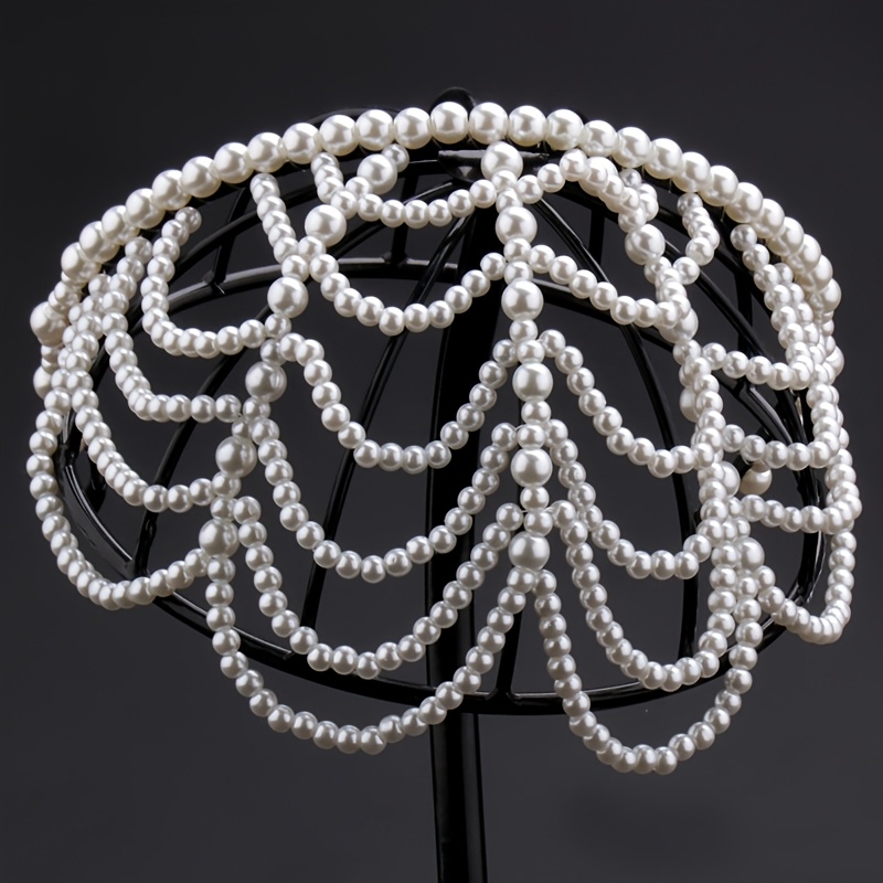 

Elegant Pearl Mesh Hairband - Bohemian Style Bridal Headpiece With Intricate , Black Plastic Frame, Weddings And Formal Events