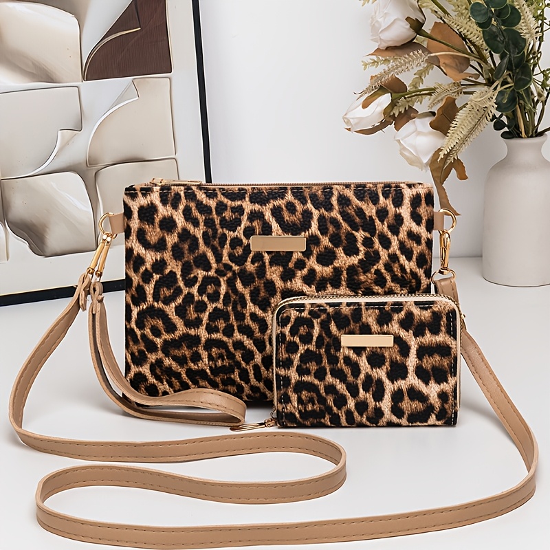 TEMU Women's Crossbody Bag, Fashionable And Simple 2pcs Set, Multi-functional Portable Crossbody Bag, Leopard Print Trendy Shoulder Bag