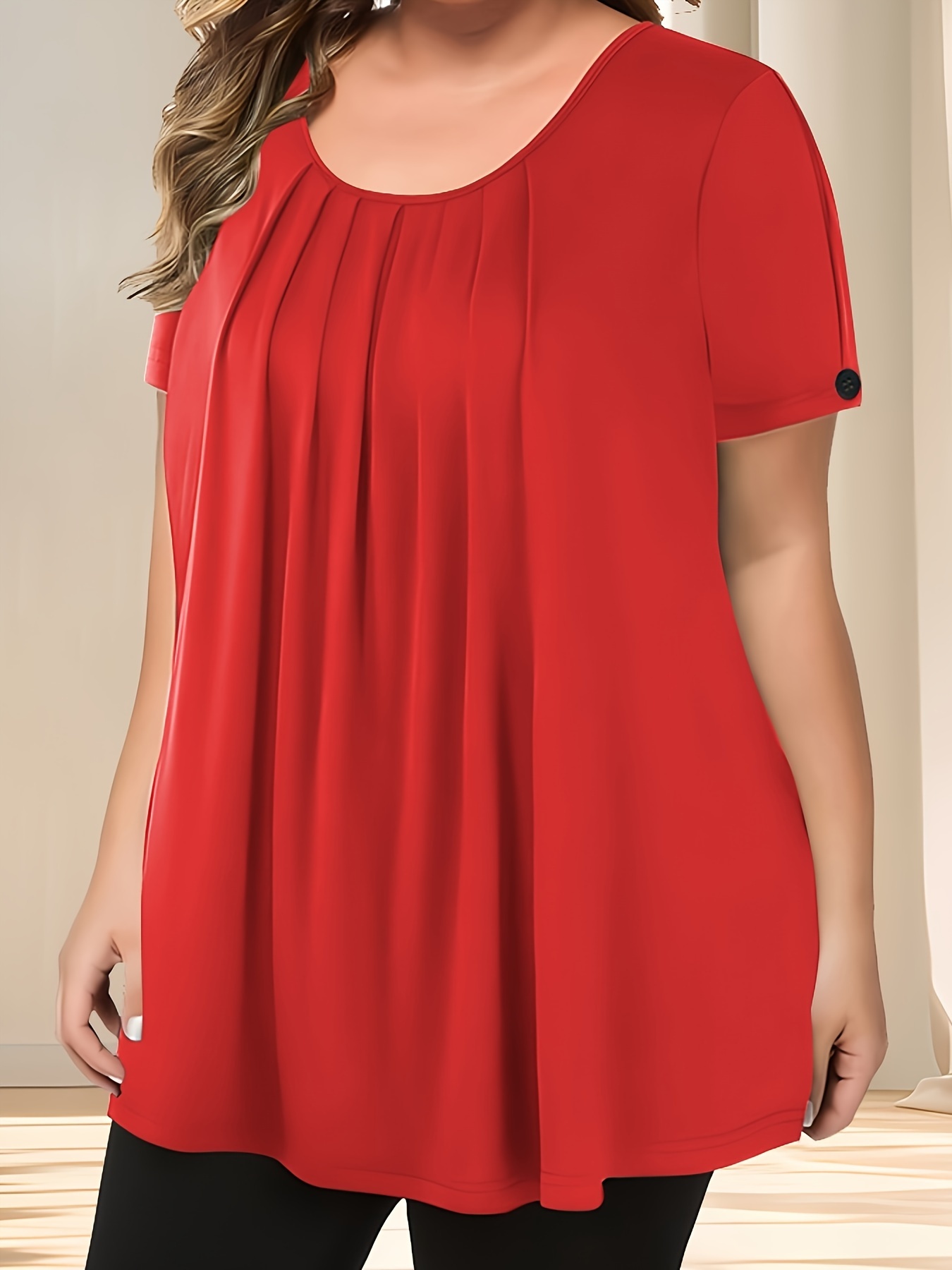 Women'S Casual Crew Neck Short Sleeve Blouse, Solid Color Plus Size, Lightweight Polyester with Subtle Stretch, Flared Hem, Spring/Summer Fashion Top, Casual Wear Blouse | Elegant Plus Size | Simple Eleganc