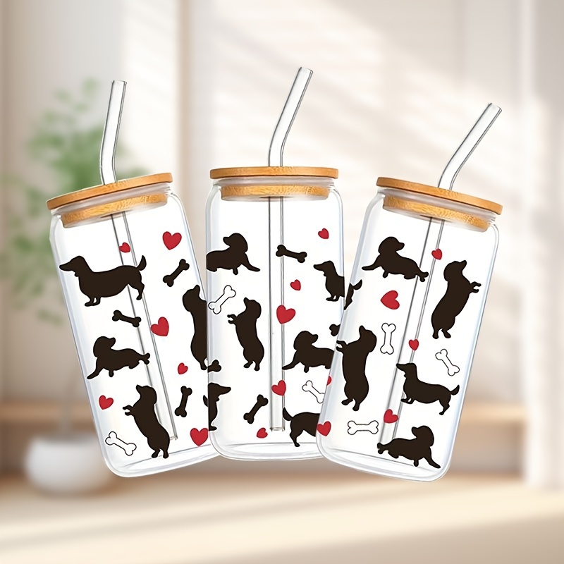 

1pc, Dachshunds Drinking Glass With Bamboo Lid And Straw, High Borosilicate Glass Can Shaped Water Cup, Iced Coffee Cup, For Tea, Juice, Milk, Birthday Gifts, Drinkware